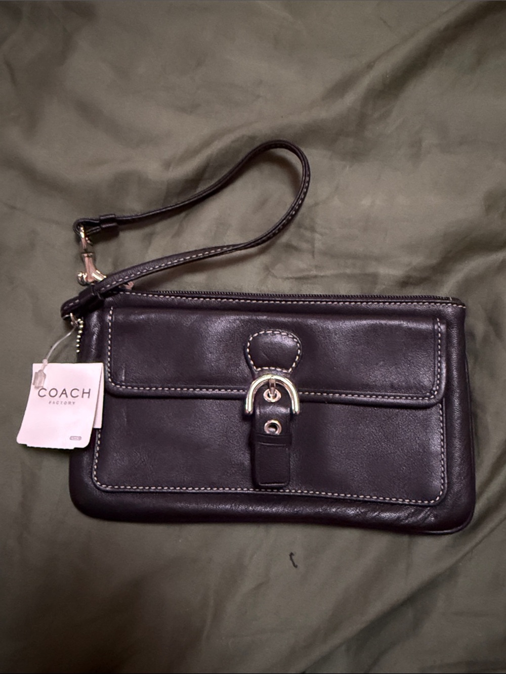Coach Black Leather Wristlet with Silver Buckle Accent